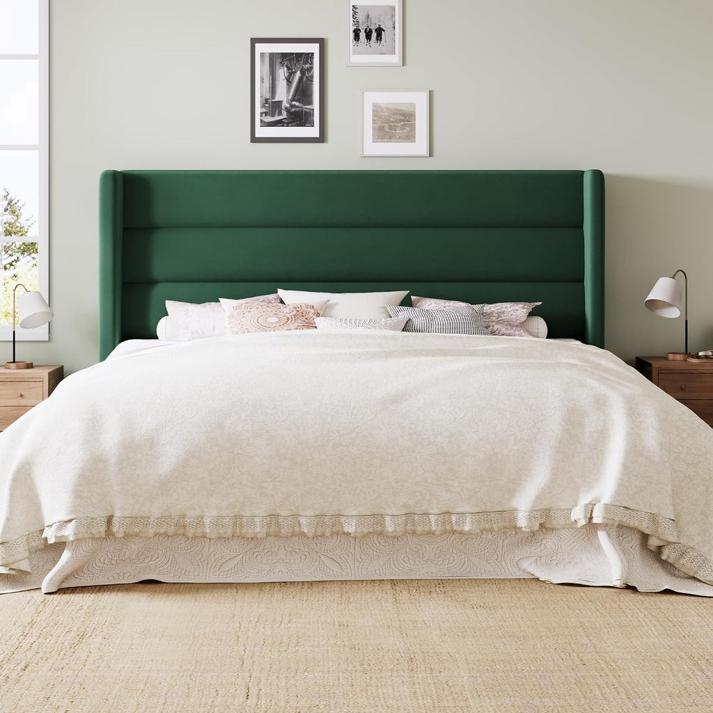 Allewie Queen Size Platform Bed Frame with Velvet Upholstered Wingback Headboard, No Box Spring Needed, Under Bed Storage Space, Strong Wooden Slats, Modern Mattress Foundation, Easy Assembly, Green