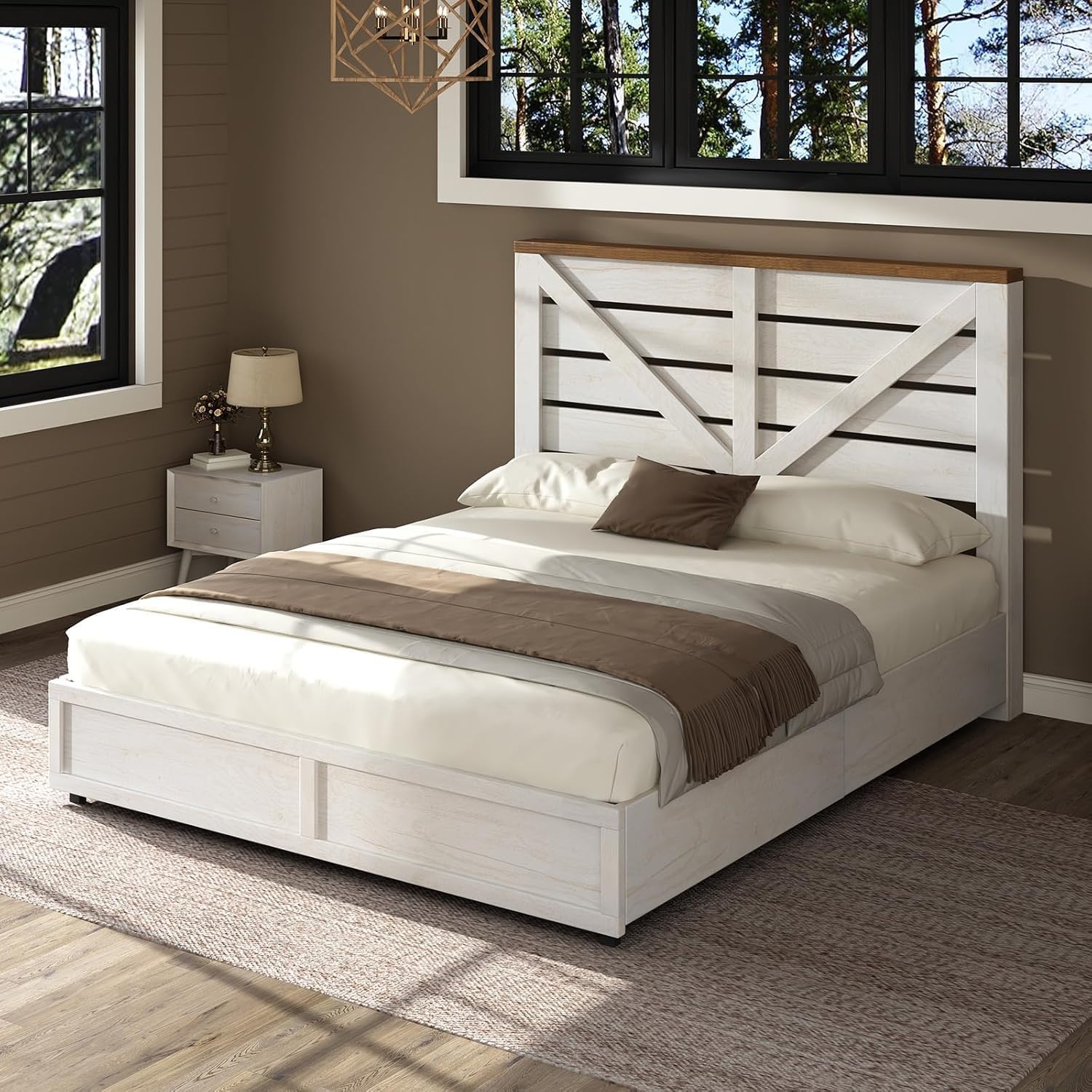 AMERLIFE Queen Size Farmhouse Bed Frame with 4 Drawers, Wooden Storage Bed Frame with Headboard and Heavy Duty Metal Slats, Noisy Free, Easy Assemble, White/Barnwood
