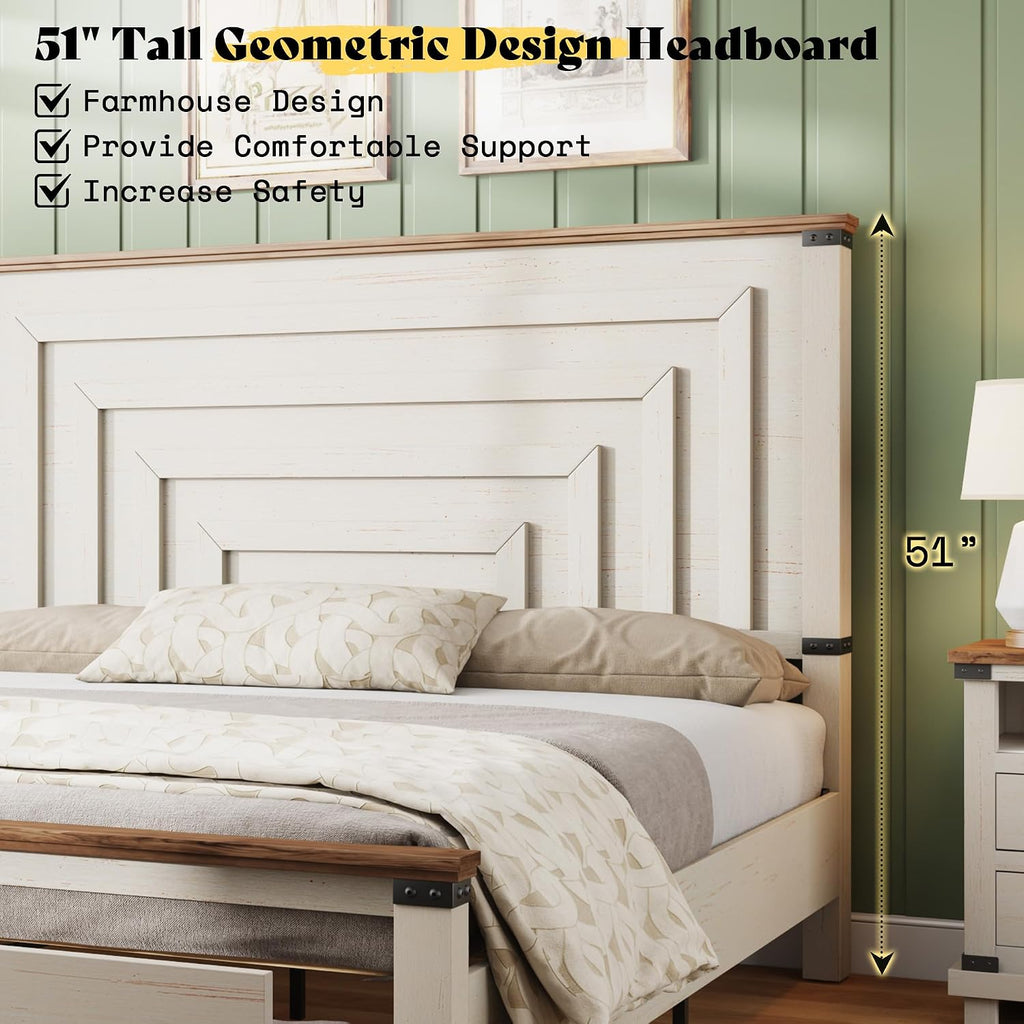 AMERLIFE Farmhouse 2-Pieces Wood Bedroom Set, Including Rustic King Size Bed Frame with 51' Tall Headboard, 6 Drawers Large Dresser Chests, Heavy-Duty Thick Plank Styling, Antique White