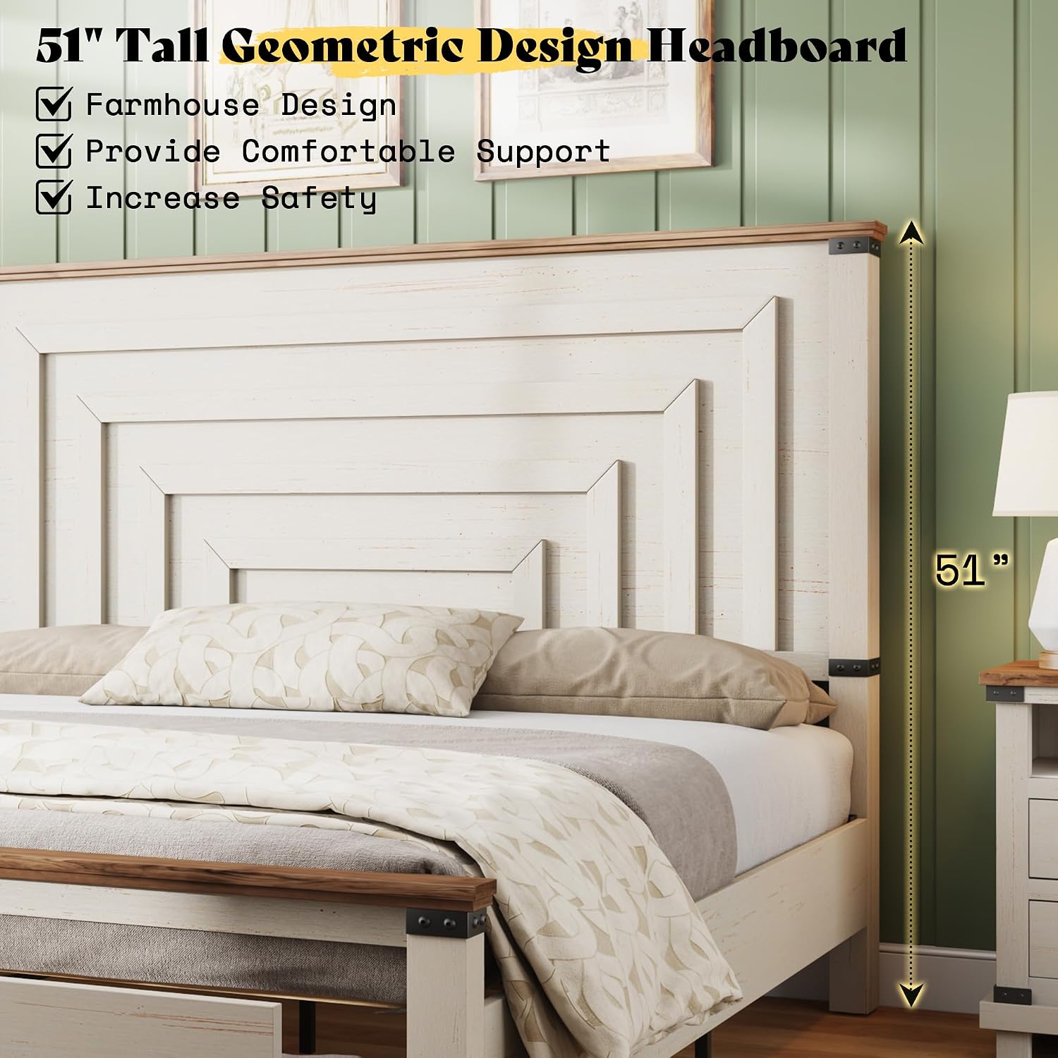 AMERLIFE Farmhouse 2-Pieces Wood Bedroom Set, Including Rustic King Size Bed Frame with 51' Tall Headboard, 6 Drawers Large Dresser Chests, Heavy-Duty Thick Plank Styling, Antique White