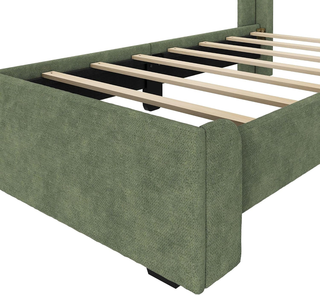 Max & Lily Upholstered Twin Bed Frame with Rectangular Headboard, Upholstered Platform Bed for Kids, No Box Spring Needed, Easy Assembly, Green