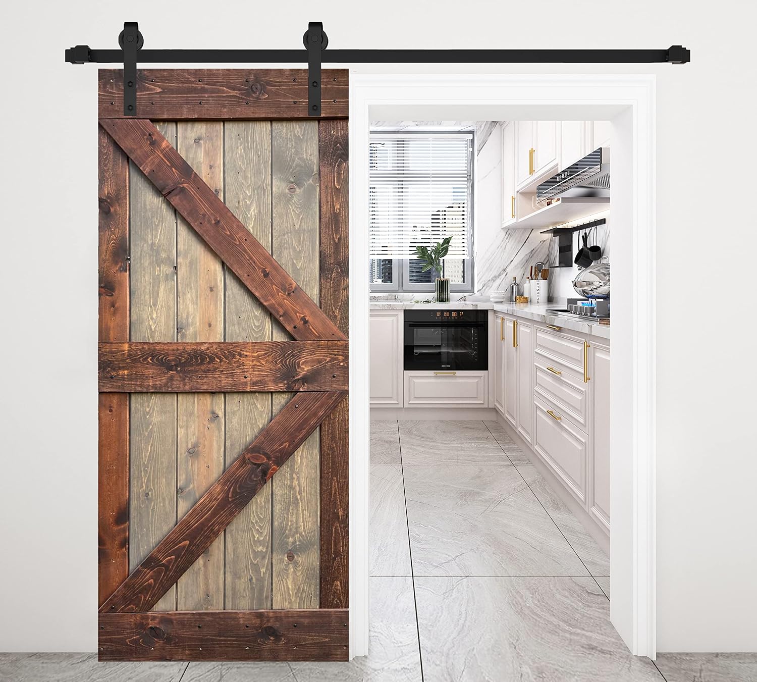 K Series 38in x 84in Brown/Walnut Finished DIY Solid Wood Interior Sliding Barn Door Slab (Hardware Kit NOT Included) - Assembly Needed