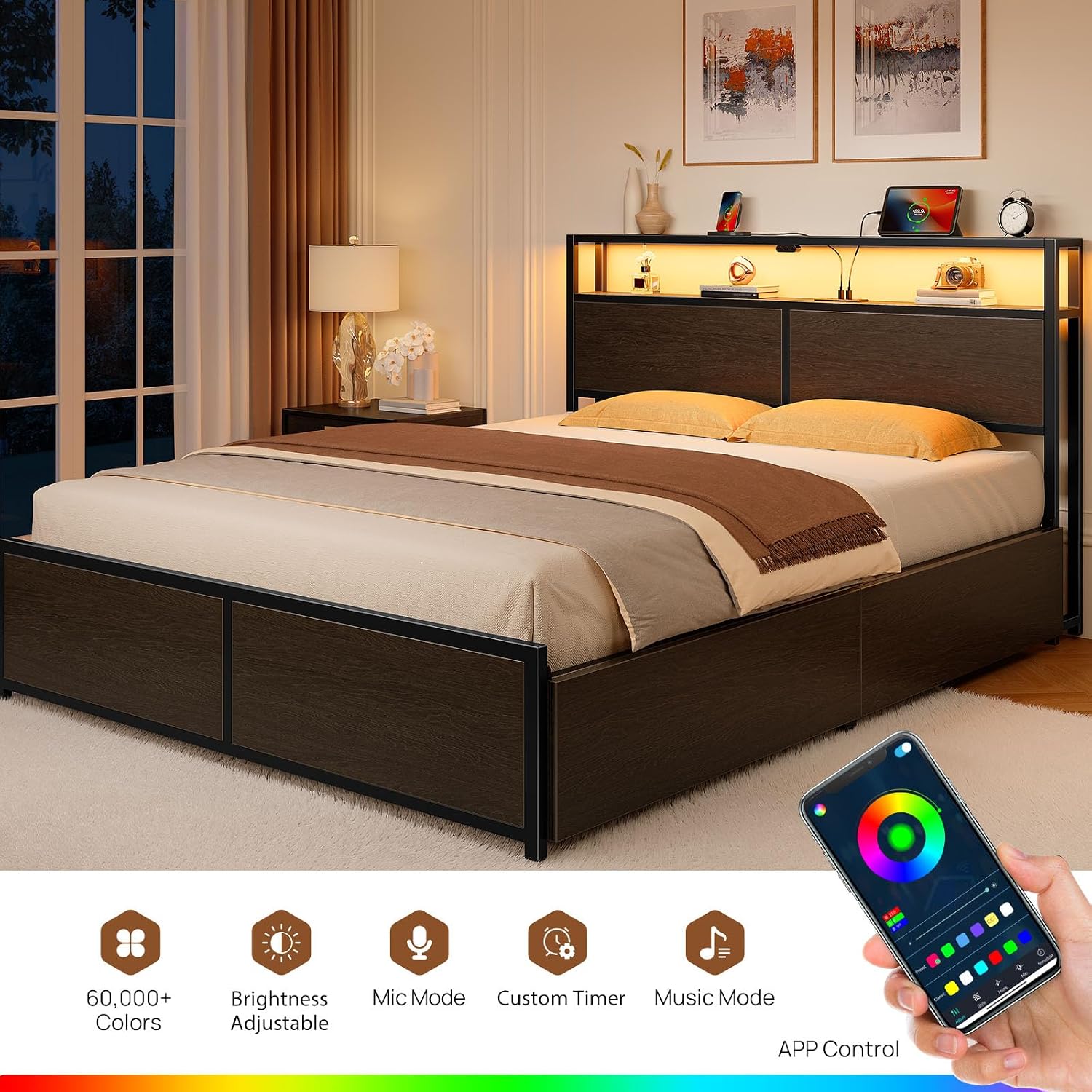 Rolanstar Queen Bed Frame with 4 Storage Drawers, Charging Station and LED Lights, Metal Platform Bed with 2-Tier Storage Headboard, No Box Spring Needed, Easy Assembly, Noise-Free, Black