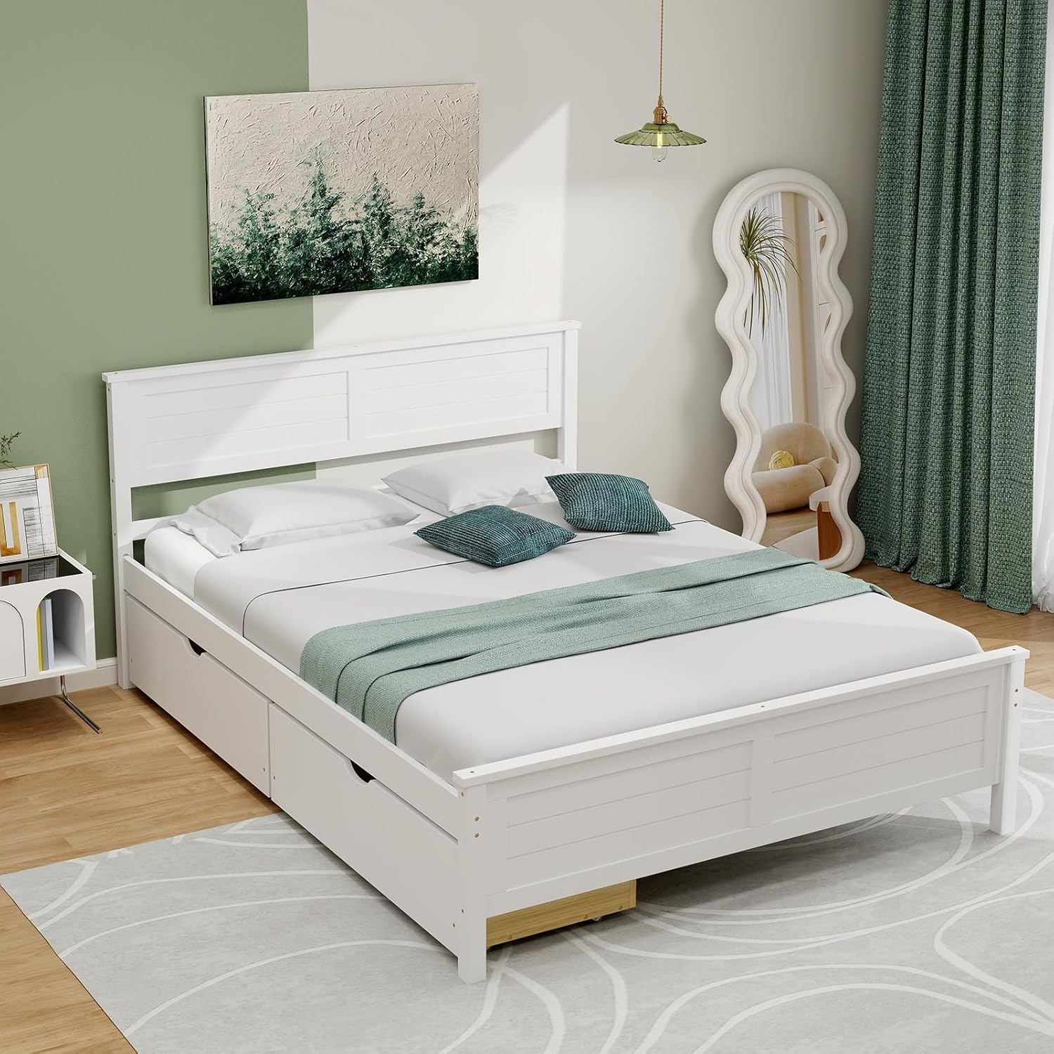 Giantex Wood Full Size Bed Frame with 2 Storage Drawers, Solid Wood Platform Bed with Headboard, Wooden Slats Mattress Foundation, No Spring Needed, Full Bed Frame for Kids, Teens, Adults, White