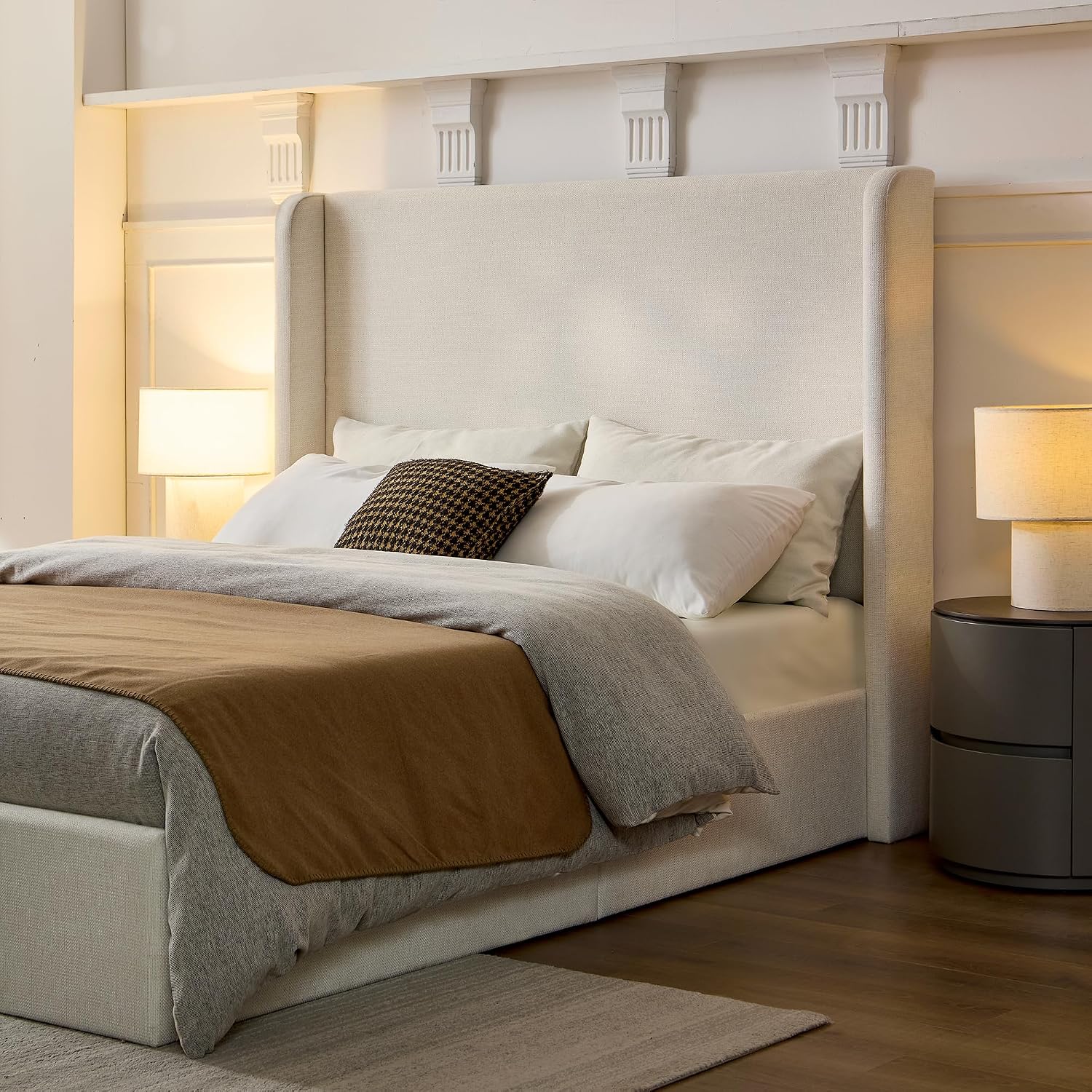 Full Size Upholstered Platform Bed Frame, 53.5' High Headboard Carmen Wingback Beds, Tall Headboard King Floor Bed Frames, No Box Spring Needed No Noise, Minimalist, Textured Ivory