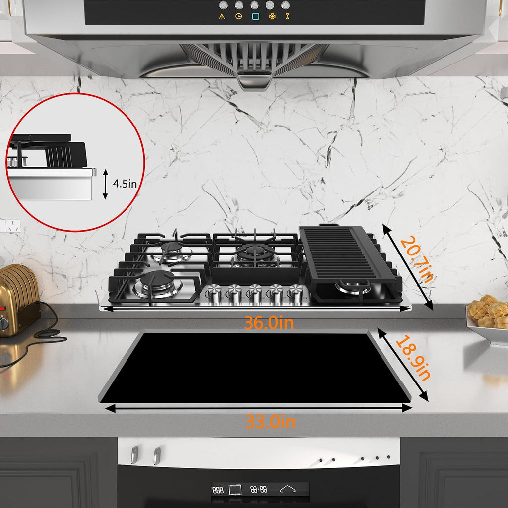36 Inch Gas Cooktop with Griddle, Gas Stove Top with 5, Reversible Cast Iron Grill/Griddle, NG/LPG Convertible, with Thermocouple Protection, Stainless Steel
