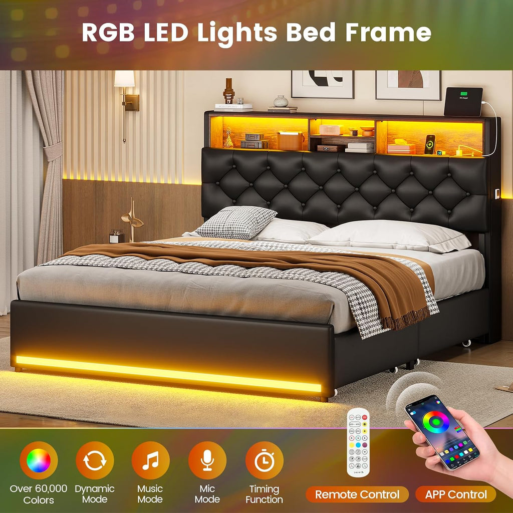 BTHFST Queen Bed Frame with 4 Drawers & Hidden Storage Headboard, LED Bed Frame Queen Size with Charging Station, Upholstered Bed with Metal Slats, No Box Spring Needed, Black PU