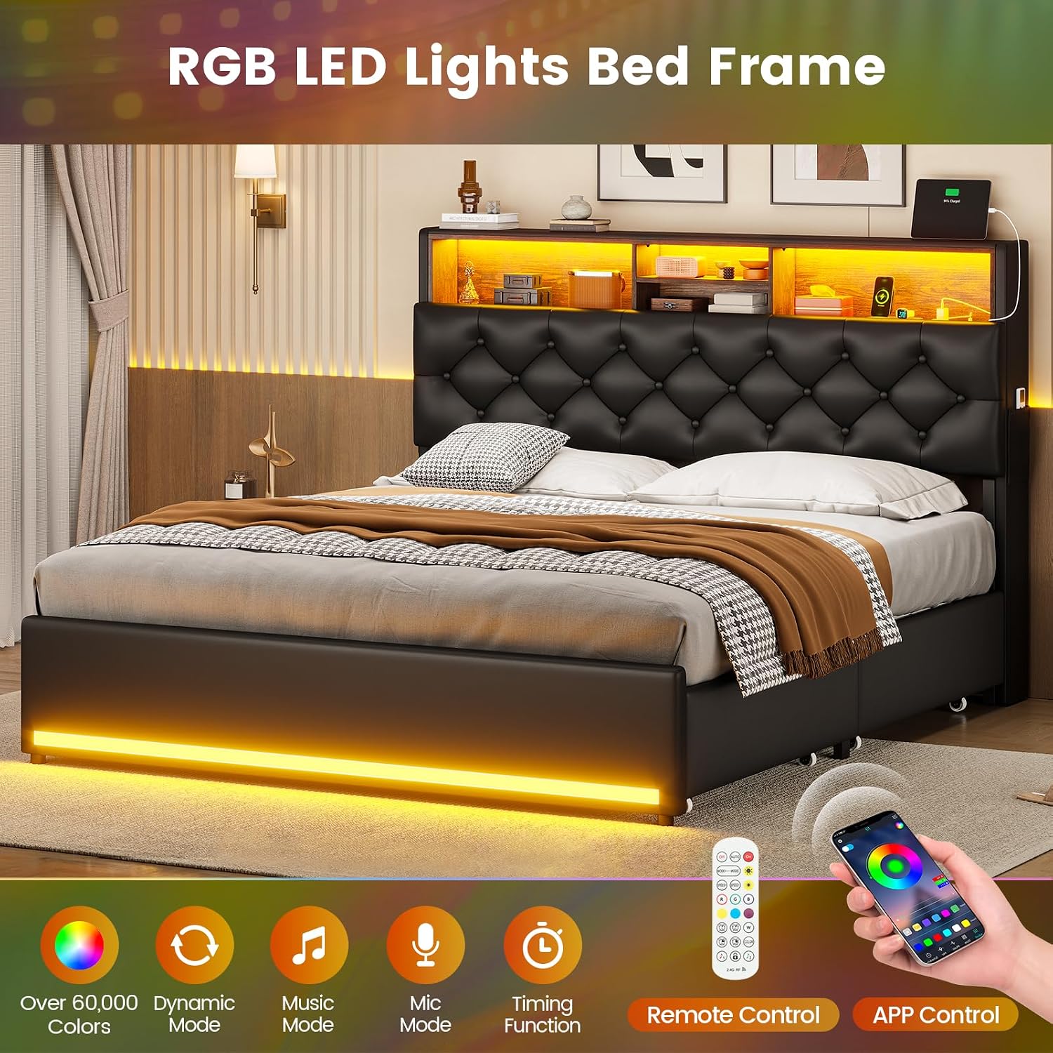 BTHFST Queen Bed Frame with 4 Drawers & Hidden Storage Headboard, LED Bed Frame Queen Size with Charging Station, Upholstered Bed with Metal Slats, No Box Spring Needed, Black PU