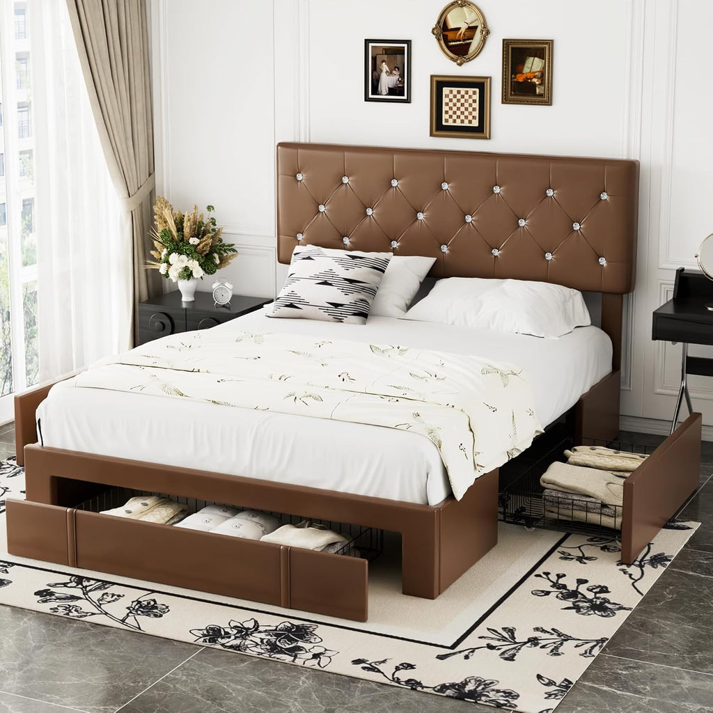 VECELO Full Size Bed Frame with 3 Storage Drawers, Leather Upholstered with Diamond Tufted Headboard, Solid Wood Slat Support & Steel Framework, PU & Brown