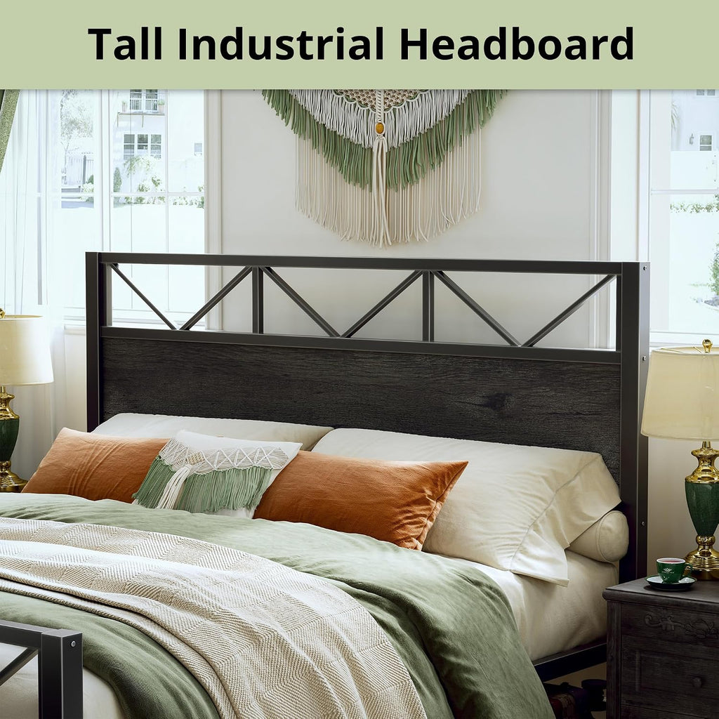 LIKIMIO King Bed Frame, Tall Industrial Headboard 51.2 ', Platform Bed Frame with Strong Metal Support, Solid and Stable, Noise Free, No Box Spring Needed, Easy Assembly, Charcoal Grey