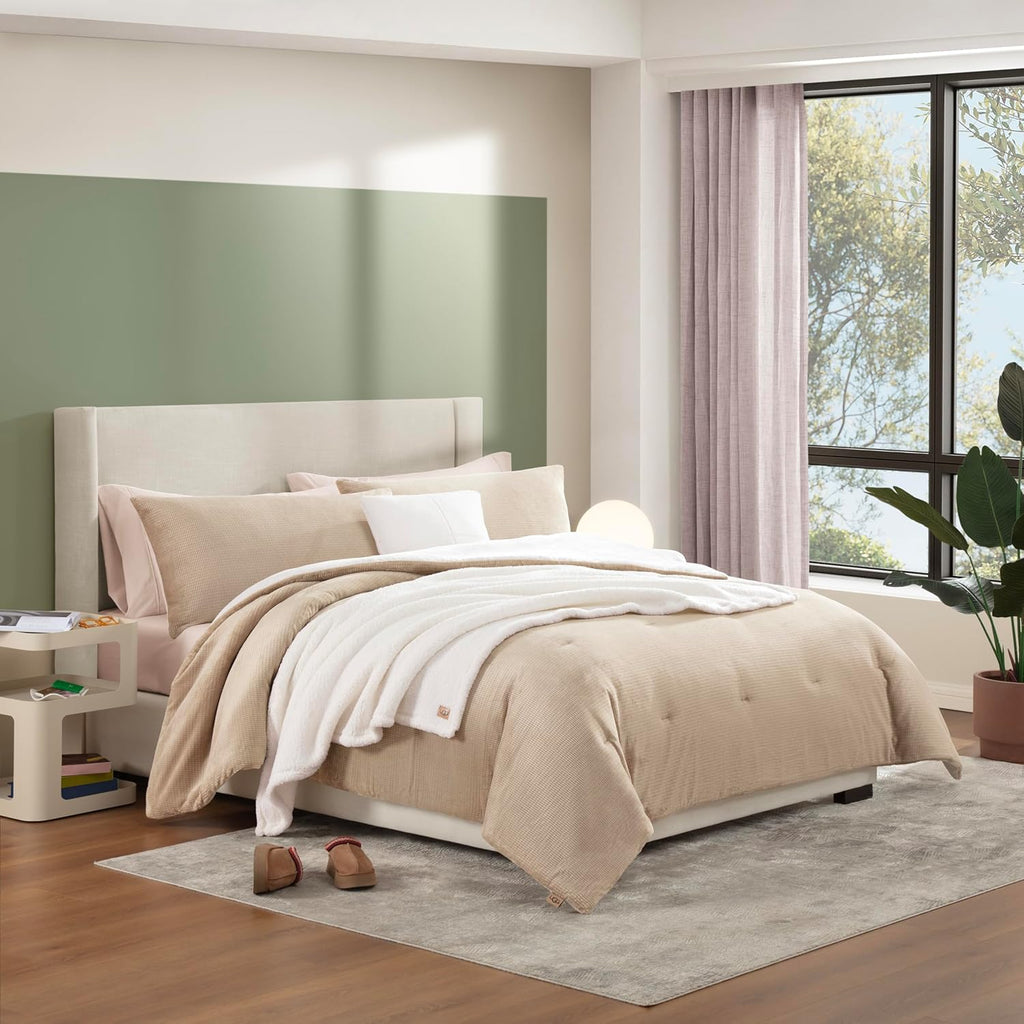 UGG Remina Comforter Set 5 Piece Bed in a Bag with Throw Blanket, Decorative Pillow, Shams, and Reversible Comforter Hypoallergenic Washable Luxury Plush Warm Fluffy Bedding Set, King, Brown Birch