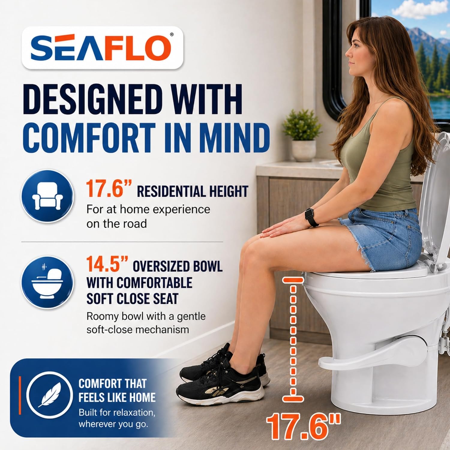 SEAFLO RV Toilet, Residential Height 18.4', Gravity Flush Foot Pedal, Soft Close Seat, Camper Toilet for RV Motorhome Travel Trailer, White, SFRTPH-01-01, 4-Year Warranty