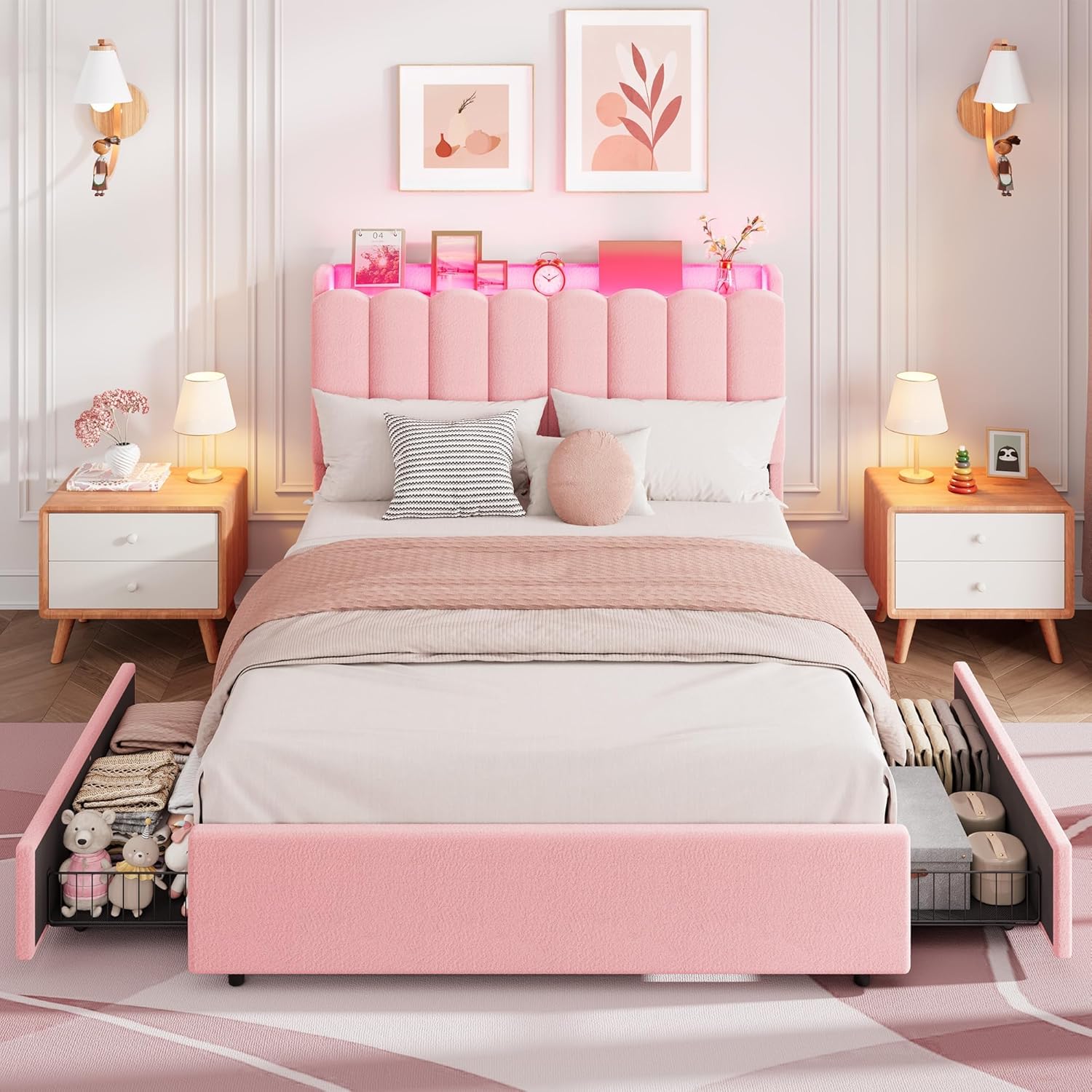 Garvee LED Full Size Bed Frame with Storage Headboard, Kids Bed Frame with 2 Drawers, Boucle Upholstered Platform Bed for Girls, Chic Wavy Headboard with Bookcase, No Box Spring Needed, Pink