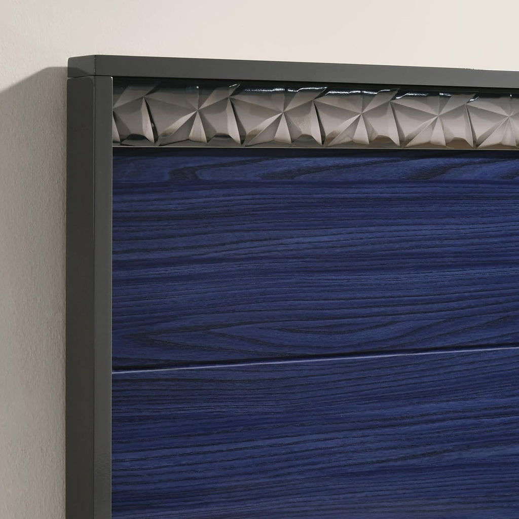 Furniture of America Scape Glam Solid Wood 6-Piece Bedroom Set with Geo Chrome Molding, Felt-Lined Top Drawer, Metal Side Glide, Square Knobs, No Box Spring Needed, King, Indigo Blue