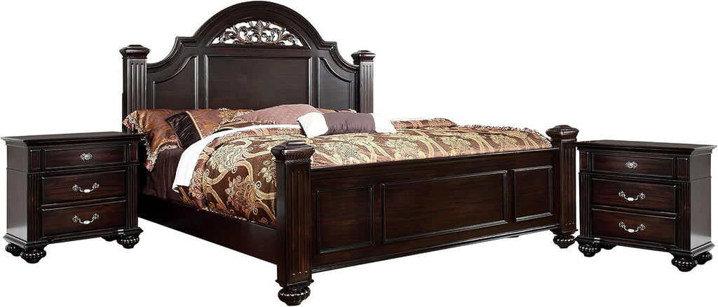 Furniture of America Malierd 3 Piece Traditional Bed Set with 2 Nightstands, Box Spring Required for Bedroom, King, Dark Walnut