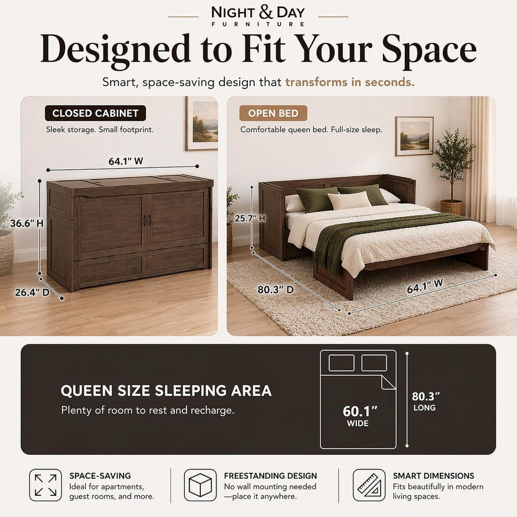 NIGHT & DAY Furniture Murphy Cube Cabinet Bed Queen – Solid Hardwood Fold-Out Space-Saving Portable Cabinet Bed with 6' Gel Memory Foam Mattress – Normandy Brown Finish