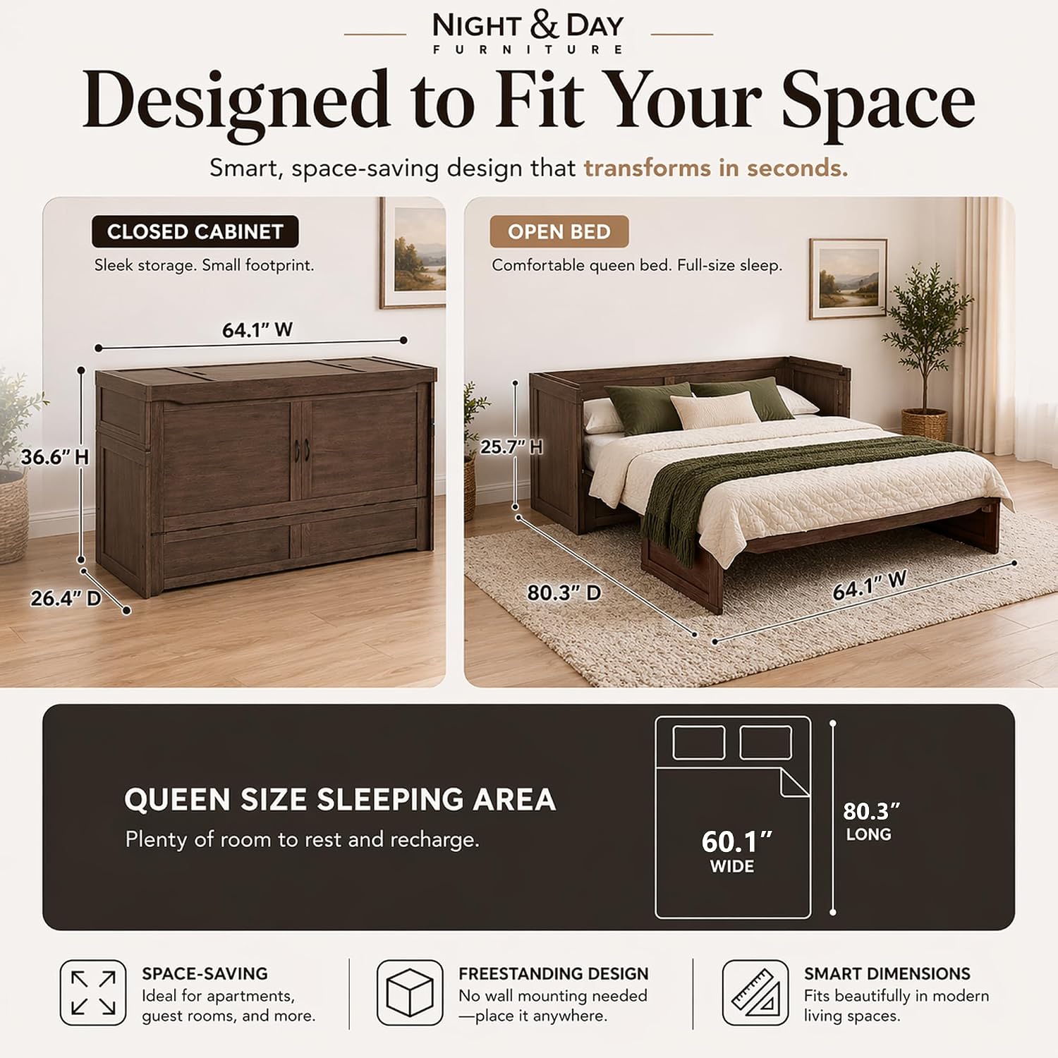 NIGHT & DAY Furniture Murphy Cube Cabinet Bed Queen – Solid Hardwood Fold-Out Space-Saving Portable Cabinet Bed with 6' Gel Memory Foam Mattress – Normandy Brown Finish