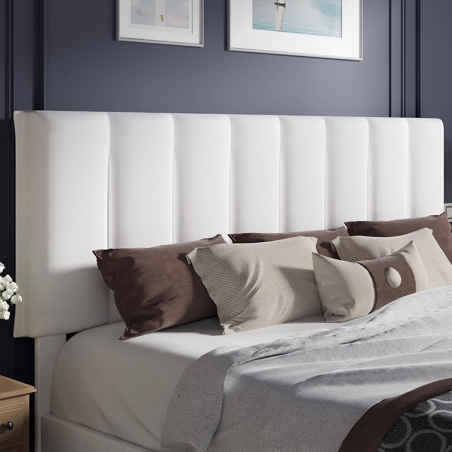 VECELO King Size Bed Frame with Upholstered Headboard, Heavy-Duty Bedframe with Strong Wooden Slats Support, No Boxing Spring Needed, Pure White