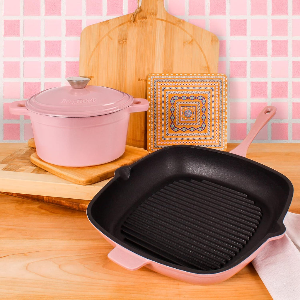 BergHOFF 3Pc Neo Enameled Cast Iron Cookware Set, 3qt. Dutch Oven, Matching Lid, Square Grill Pan 11 Inches, Oven Safe Up To 400°F, Pink