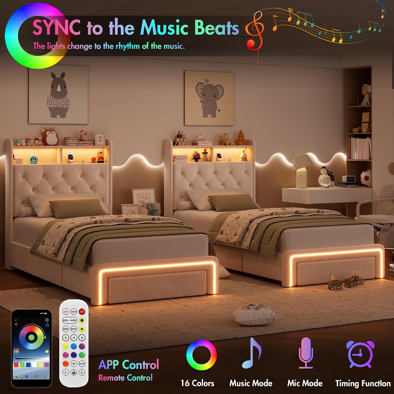 Twin LED Bed Frame with Storage Headboard & Charging Station, Velvet Fabric Platform Bed Frames with 3 Drawers, Button Tufted Upholstered, No Box Spring Needed, Noise Free, Beige
