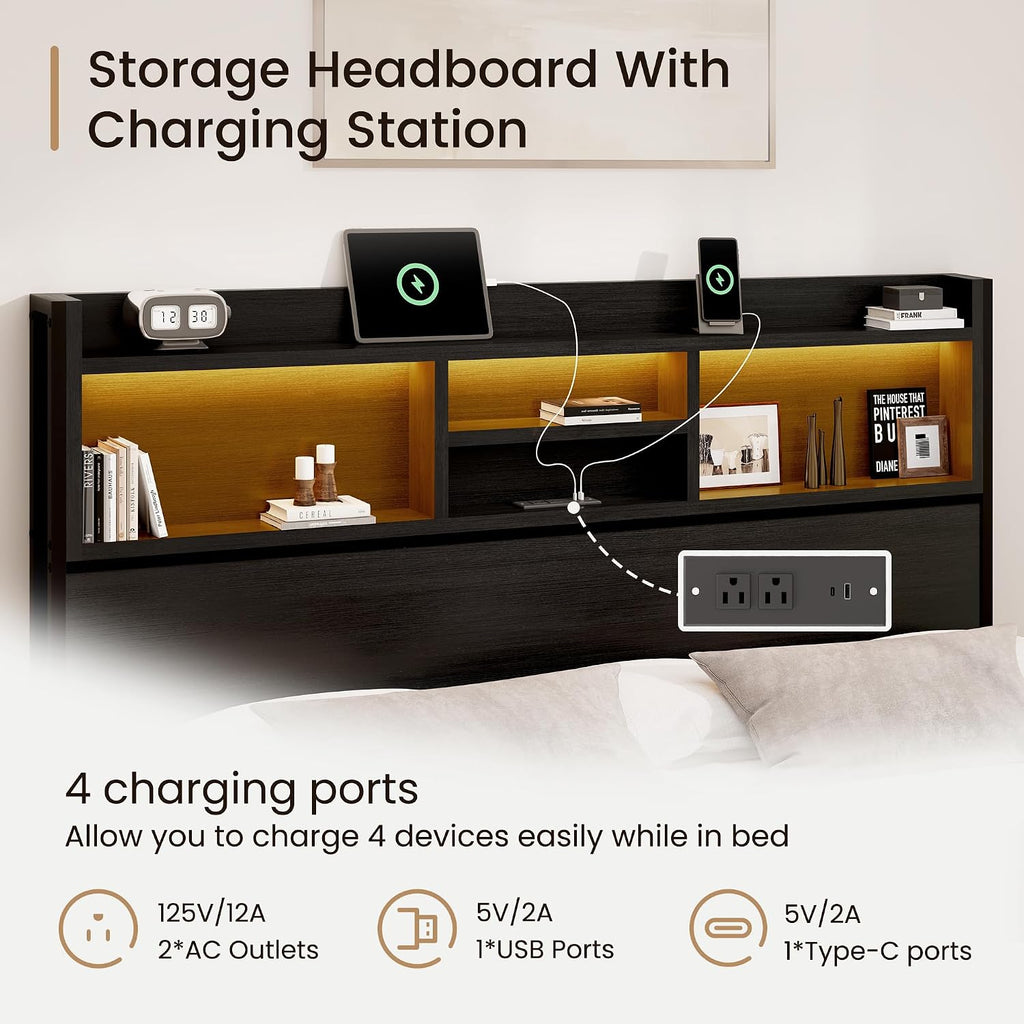 BRELTAM Queen Storage Bed Frame with 6 Drawers, USB Charging Station, No Noise, No Box Spring Required, Vintage Black Headboard Platform Bed