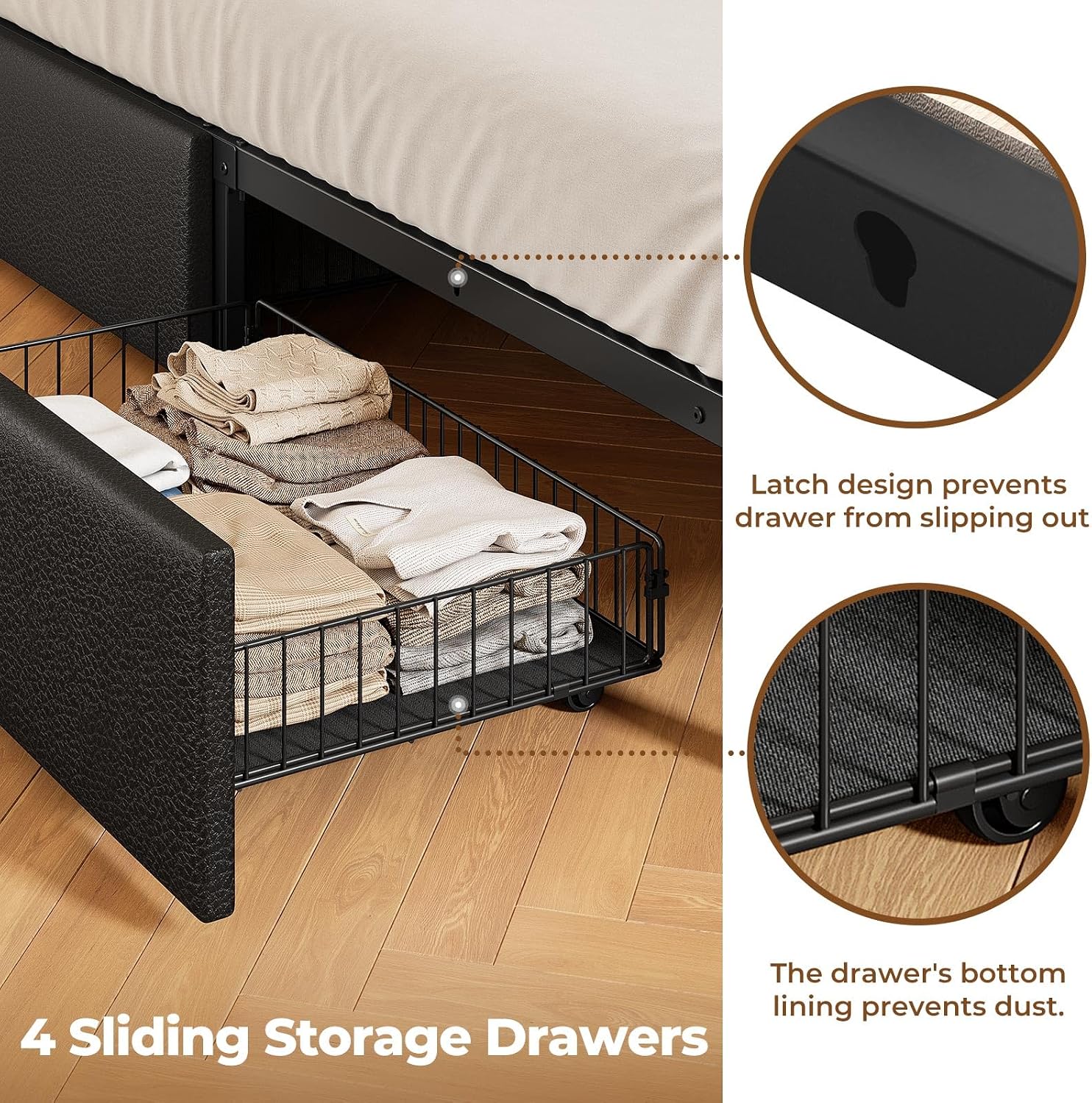 Rolanstar Queen Bed Frame with Storage,4-Drawer Platform Bed with USB Charging Station,Built in LED Lights and Bookcase Headboard,No Box Spring Needed,Easy Assembly,Noise-Free,Black