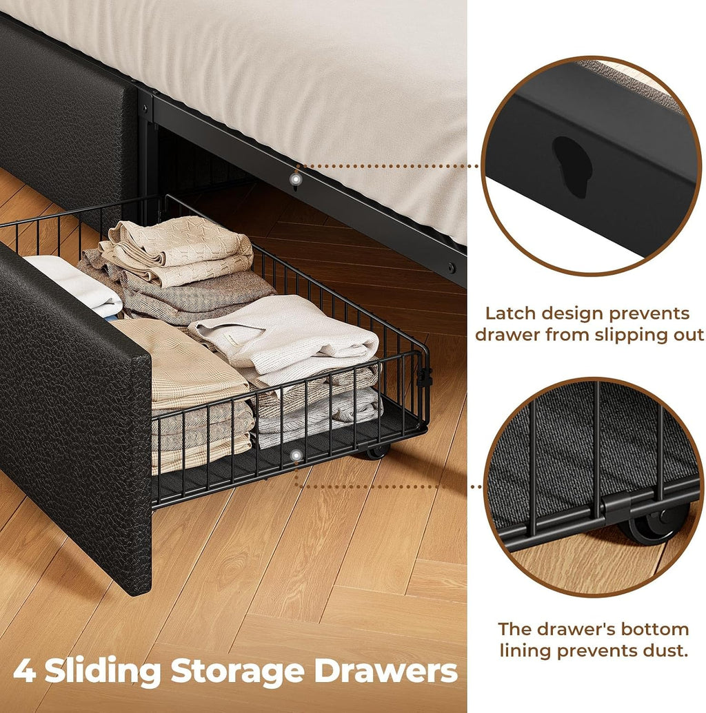 Rolanstar Full Bed Frame with Storage Headboard & 4 Drawers, Metal Platform Bed with Charging Station, LED Single Bed with Side Shelf, No Box Spring Needed, Easy Assembly, Black