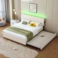 Queen Size Upholstered Platform Bed with Trundle and USB/Type-C Charging, Chenille Fabric Full and Twin Double Bed w/LED Lights with APP for Bedroom,Beige