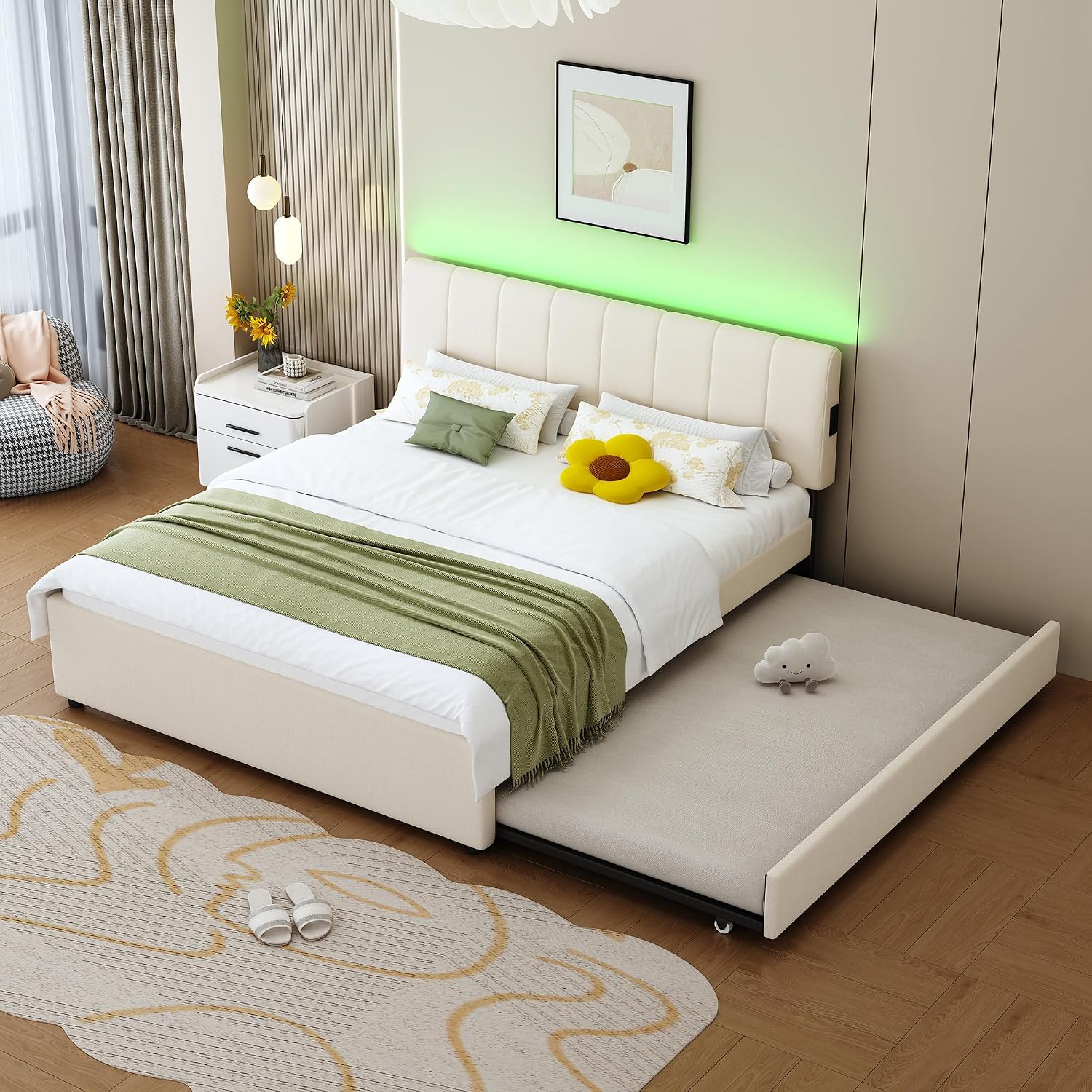 Queen Size Upholstered Platform Bed with Trundle and USB/Type-C Charging, Chenille Fabric Full and Twin Double Bed w/LED Lights with APP for Bedroom,Beige