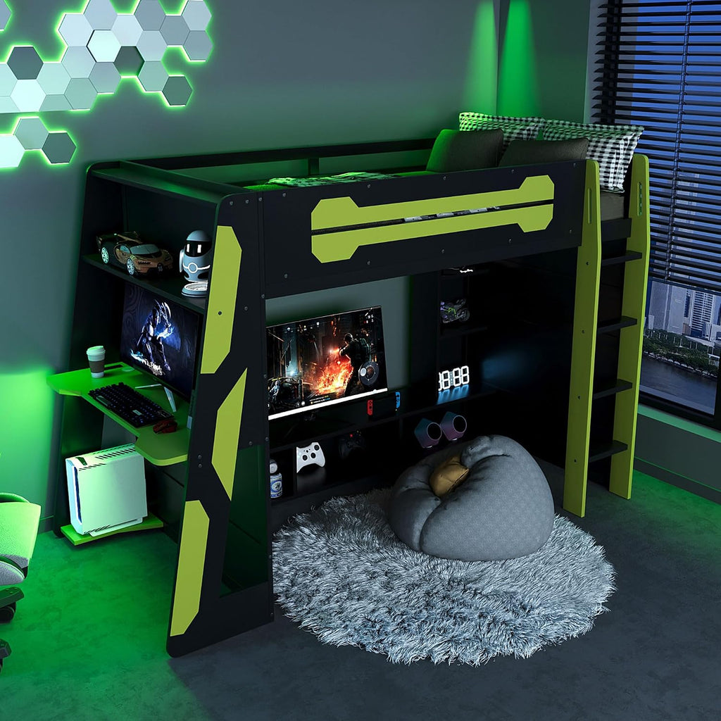 Bellemave Gaming Loft Bed with Desk and Lights, Twin Loft Bed with Storage Shelves and Work Station, Wood Loft Bed Frame for Kids, Boys, Girls, Teens, No Spring Box Needed & Dedicated Style, Green