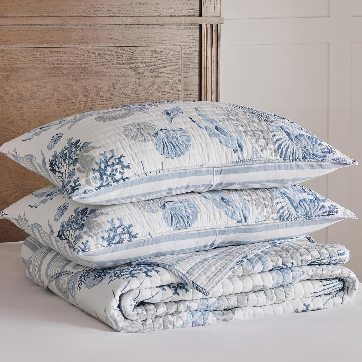 Levtex Home - Coral Landing Quilt Set - Twin Quilt and One Standard Sham - Coastal - Navy Blue Grey White - Quilt (68x86in.) and Sham (20x26in.) - Reversible - Cotton