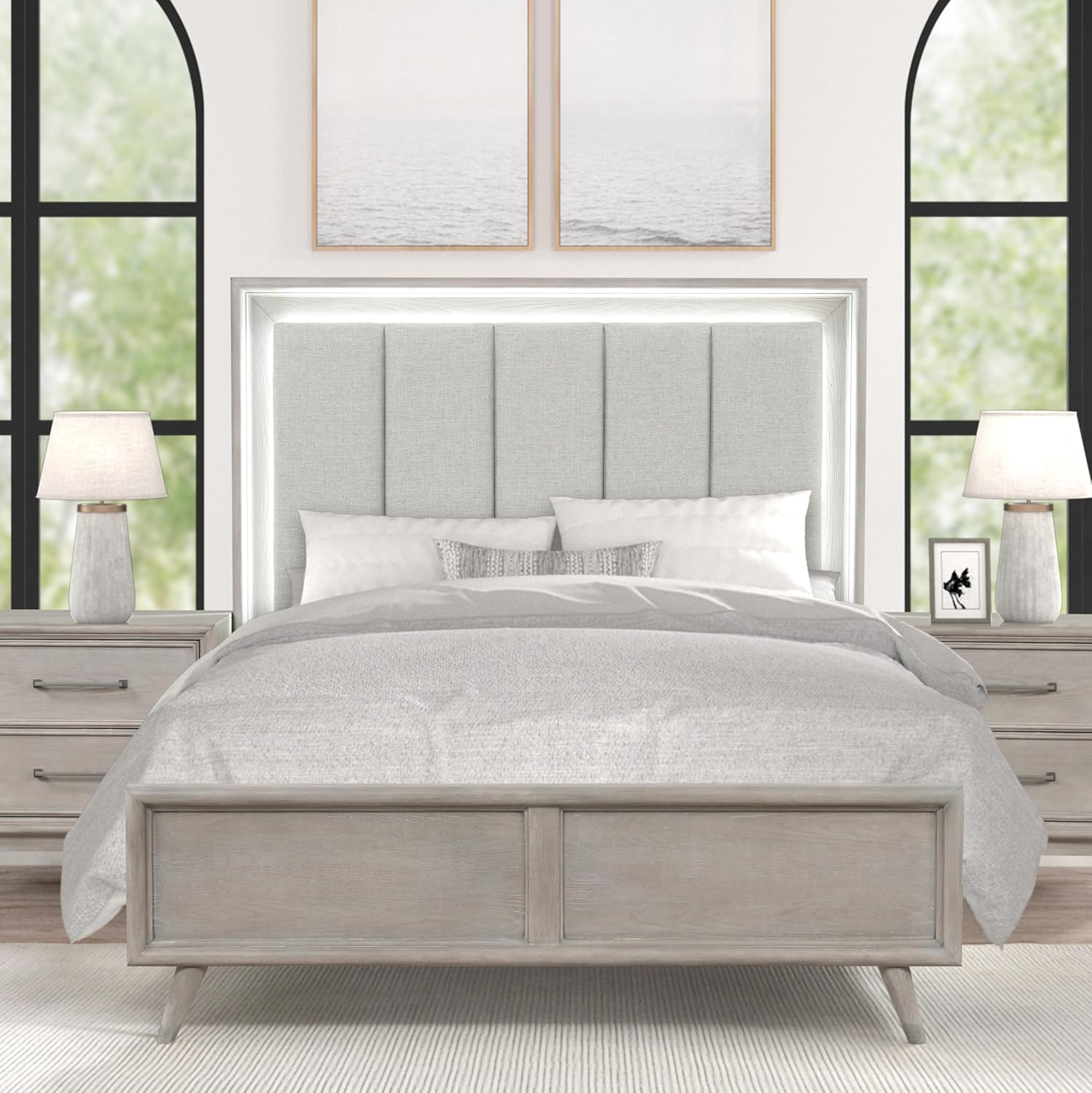 Roundhill Furniture Seluna 4-Piece Bedroom Set with Touch LED Lighting, Gray Oak Finish, Queen