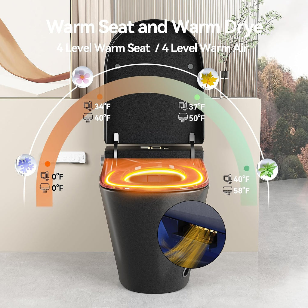 KEIKI Smart Ceramic Toilet with Warm Water Sprayer and Dryer, One Piece Bidet Toilet with Auto Dual Flush Foot Sensor Operation, Heated Seat, Auto Open/Close Seat, for Bathroom, Black
