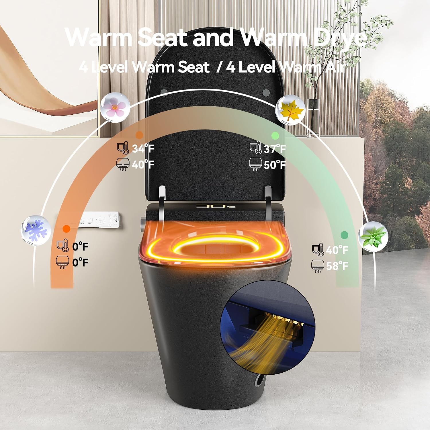 KEIKI Smart Ceramic Toilet with Warm Water Sprayer and Dryer, One Piece Bidet Toilet with Auto Dual Flush Foot Sensor Operation, Heated Seat, Auto Open/Close Seat, for Bathroom, Black