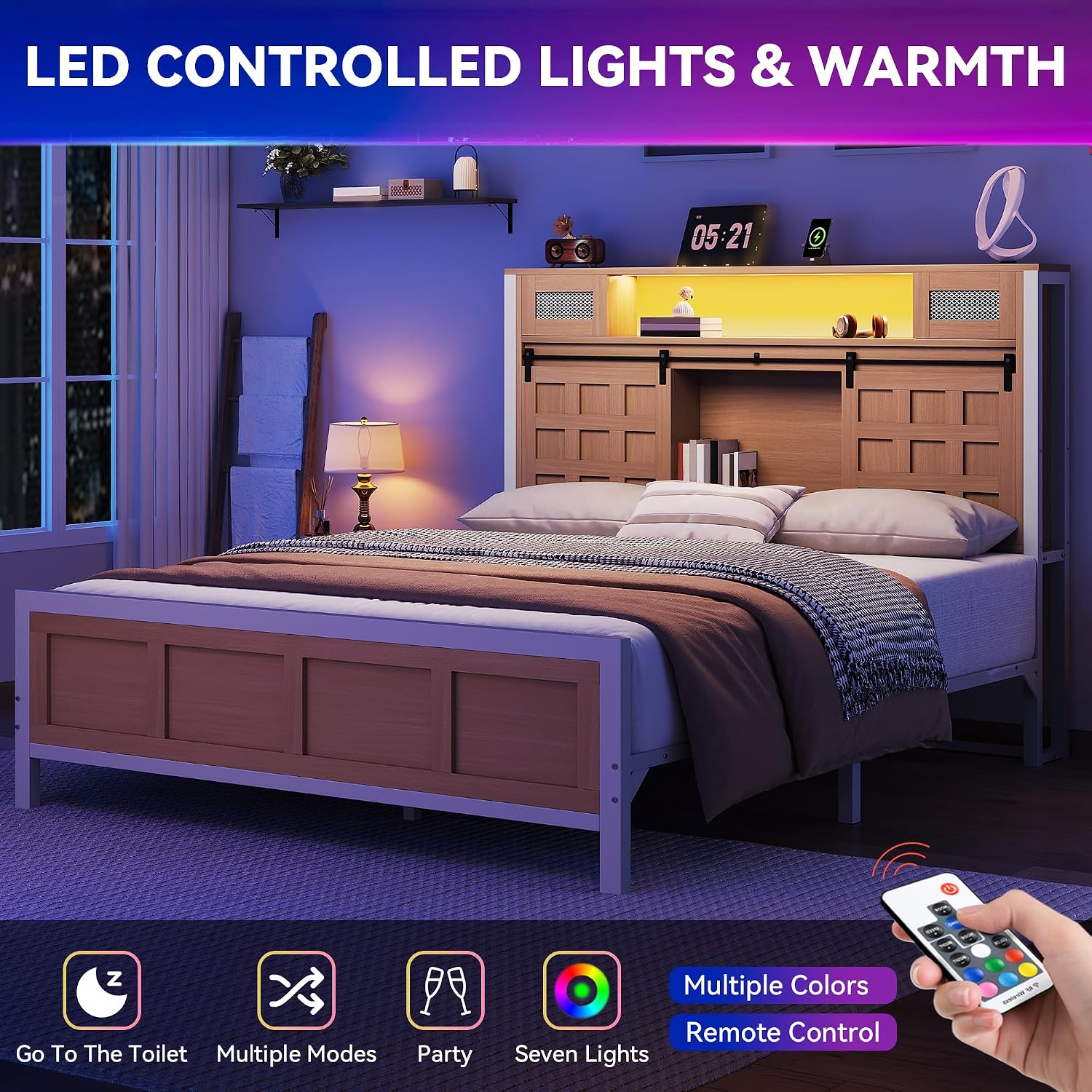 YITAHOME Farmhouse Bed Frame Queen Size, 49.14' Tall Storage Headboard, Led Light & Charging Station, Sliding Barn Door, Wooden Platform Bed Frame, Metal Slats Support, No Box Spring Needed, Oak