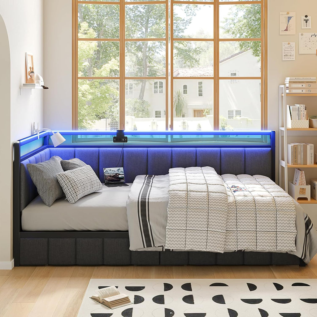 Hasuit Corner Bed Frame with Storage Drawers, Twin Daybed with Line Fabric Upholstered Fence, Kids Bed Unit with LED Light and Charging Station, Modern Bed Frame