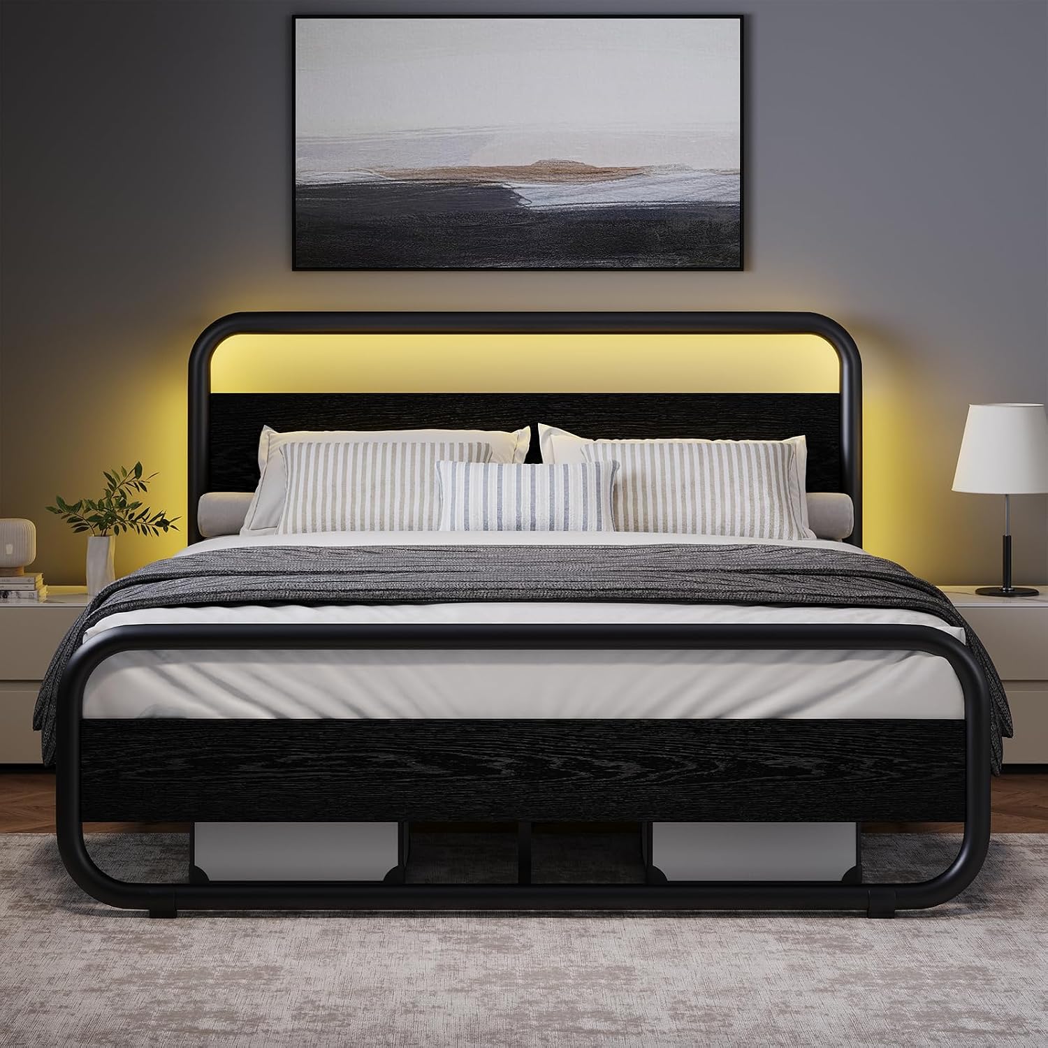 Catrimown Full Size Bed Frame with LED Lights, Heavy Duty Metal Rustic Platform Bed Frame Full Size with Wood Headboard, Noise Free, No Box Spring Needed, Black