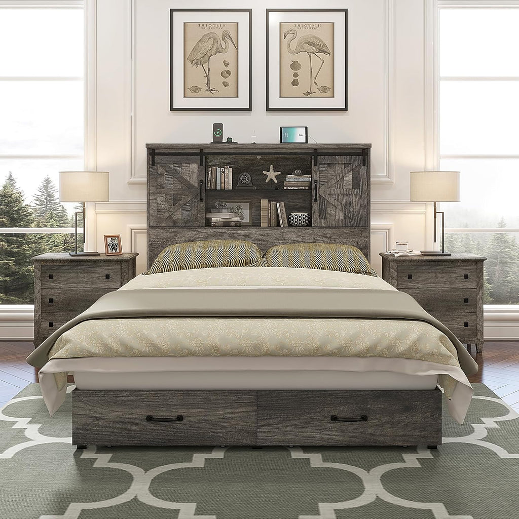 HOWE Farmhouse Queen Size Bed Frame with 51.2' Bookcase Headboard, Wooden Platform Bed with 2 Drawers, Sliding Barn Door Dec, Storage Bed with Charging Station, No Box Spring Needed, Rustic Grey