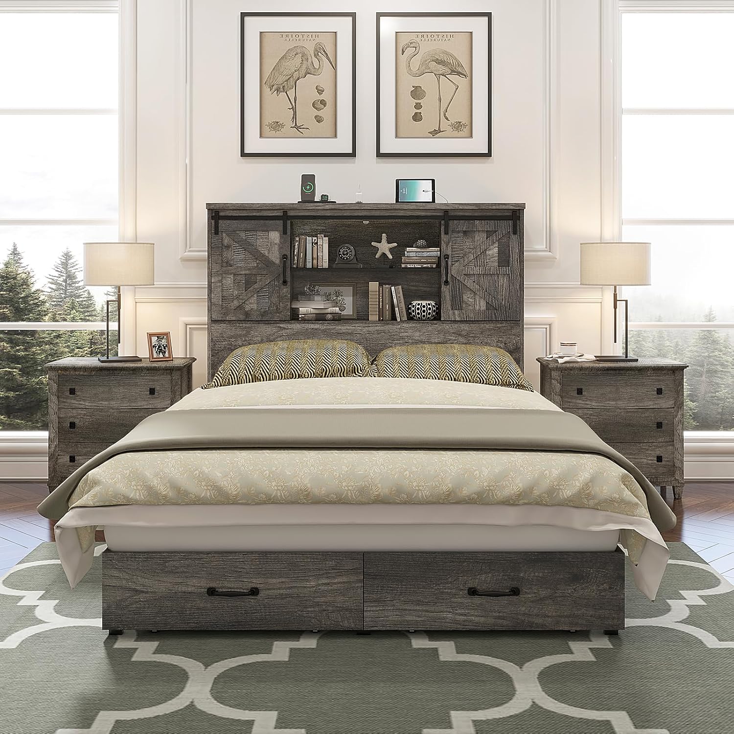 HOWE Farmhouse Queen Size Bed Frame with 51.2' Bookcase Headboard, Wooden Platform Bed with 2 Drawers, Sliding Barn Door Dec, Storage Bed with Charging Station, No Box Spring Needed, Rustic Grey