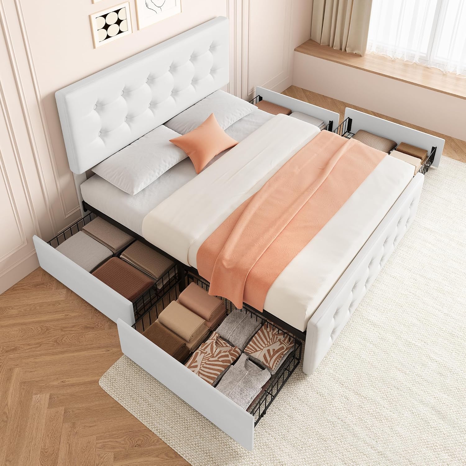 IDEALHOUSE Queen Size Bed Frame with 4 Storage Drawers and Headboard, Faux Leather Upholstered Platform Bed Frame with Wooden Slats Support, Button Tufted Design, No Box Spring Needed, White