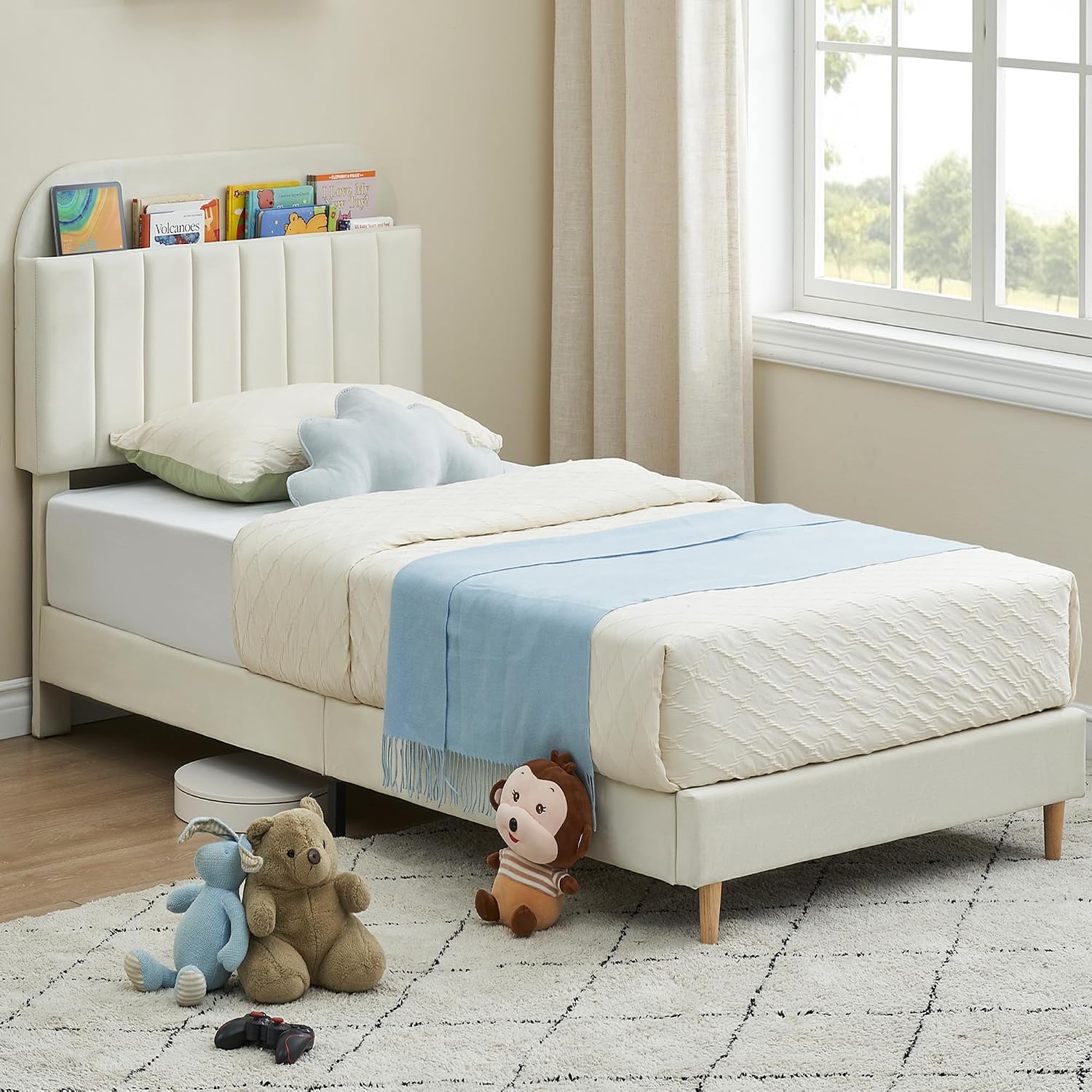 IDEALHOUSE Full Bed Frames, Upholstered Platform Bed Frame with Bookcase Headboard, Velvet Platform Bed Mattress Foundation, Heavy Duty Steel Support Legs, Easy Assembly, Noise Free, Cream White