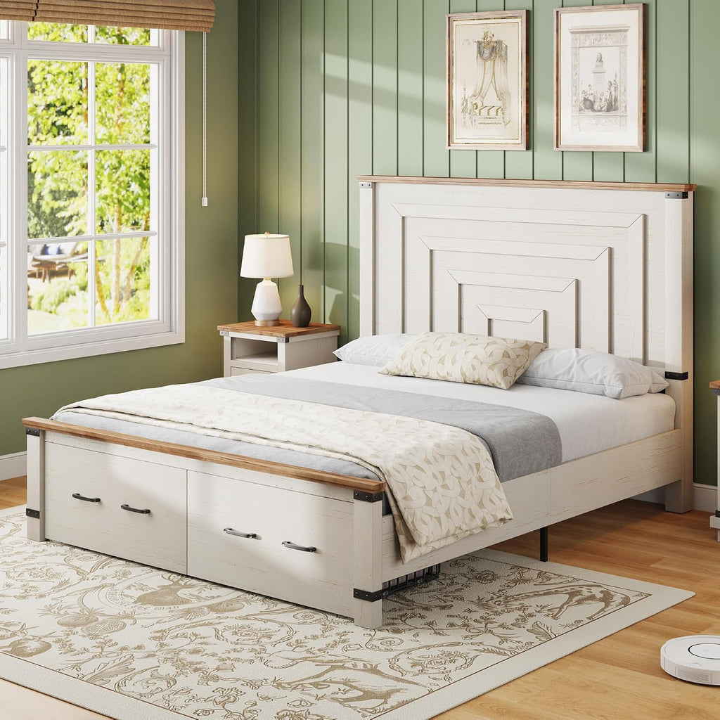 AMERLIFE 2 Pieces Farmhouse Bedroom Set, Includes Wood Rustic Full Size Bed Frame with 54' Tall Headboard, 6 Drawers Large Dresser Chest, Heavy Duty Thick Plank Styling, Antique White