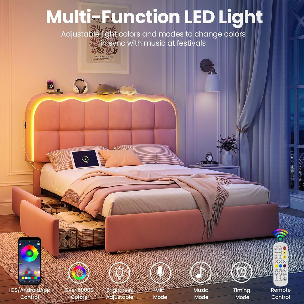 CypBed Full Size Bed Frame with 4 Storage Drawers & LED Lights, Velvet Upholstered Platform Bed Frame with Charing Station and Adjustable Headboard, Wood Slats Support, No Box Spring Needed, Pink