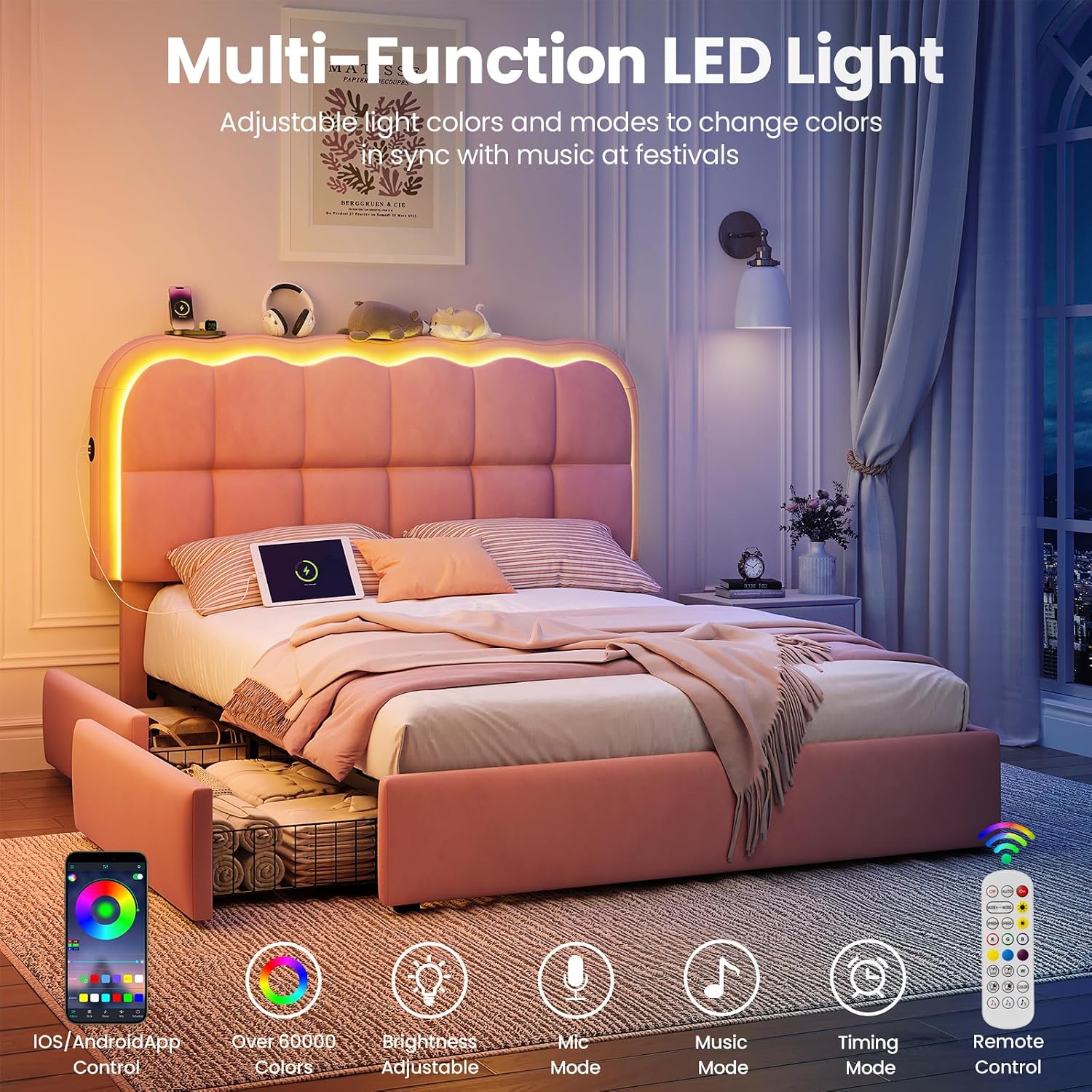 CypBed Full Size Bed Frame with 4 Storage Drawers & LED Lights, Velvet Upholstered Platform Bed Frame with Charing Station and Adjustable Headboard, Wood Slats Support, No Box Spring Needed, Pink
