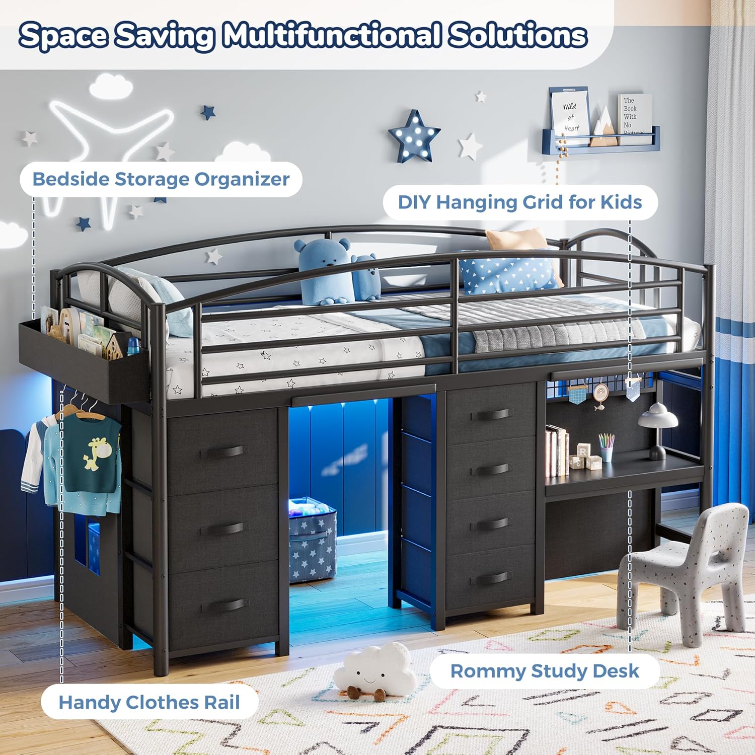 Low Loft Bed Twin Size with 7 Storage Drawers, Desk and LED Lights, Heavy Duty Metal Kids Loft Bed with 12' H Safety Guardrail, Anti-Collision Pad, Private Play Curtain, Under-Bed Play Space - Black