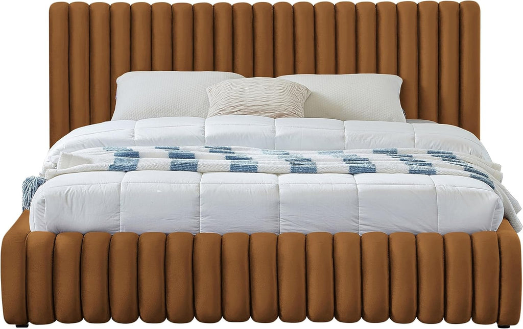 Meridian Furniture NicoSaddle-K Nico Collection Modern | Contemporary Velvet Upholstered King Bed with Rich Saddle Velvet and Deep Channel Tufting, 89' W x 91' D x 38' H, Saddle, King