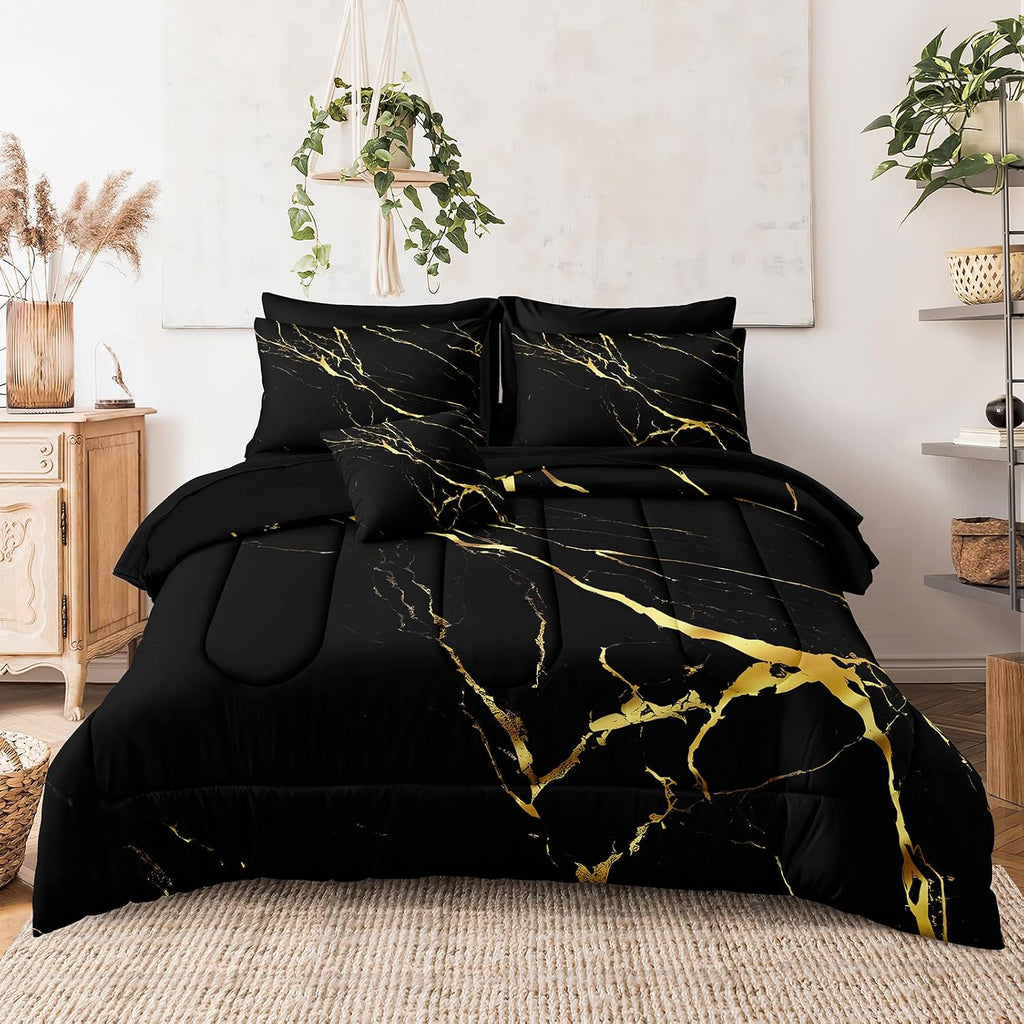 Merryword 8 Pcs Bed in a Bag Comforter Set - California King Size Black Gold Marble Bedding Set