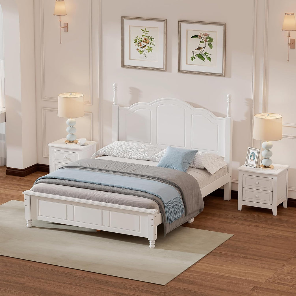 Harper & Bright Designs 3 Pieces Full Size Bedroom Sets, Solid Wood Platform Bed Frame with Heeadboard, 2 Nightstands, Farmhouse Design Full Bedroom Furniture Sets, Easy to Assemble (White)