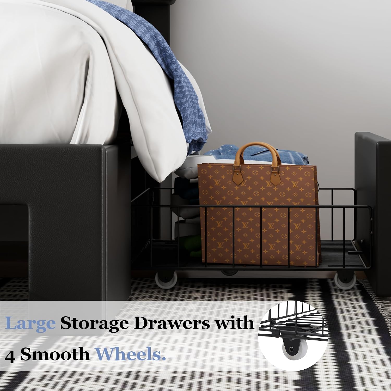 VECELO Full Size Bed Frame with 3 Storage Drawers, Leather Upholstered with Diamond Tufted Headboard, Solid Wood Slat Support & Steel Framework, Black