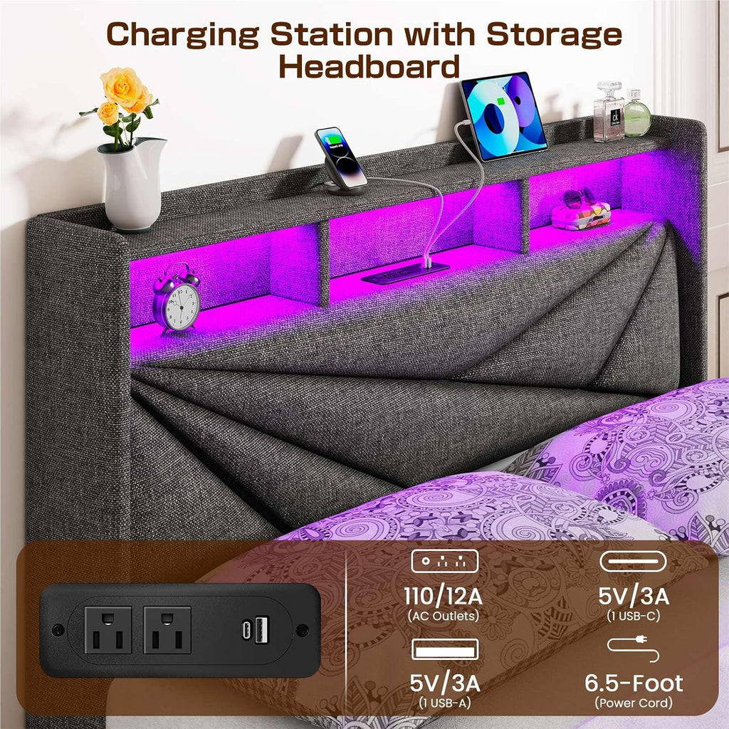 Driftalia LED Full Size Bed Frame with 4 Storage Drawers, Upholstered Full Bed Frame with 2-Tier Headboard and Charging Station, No Box Spring Needed, Easy to Assembly - Dark Grey